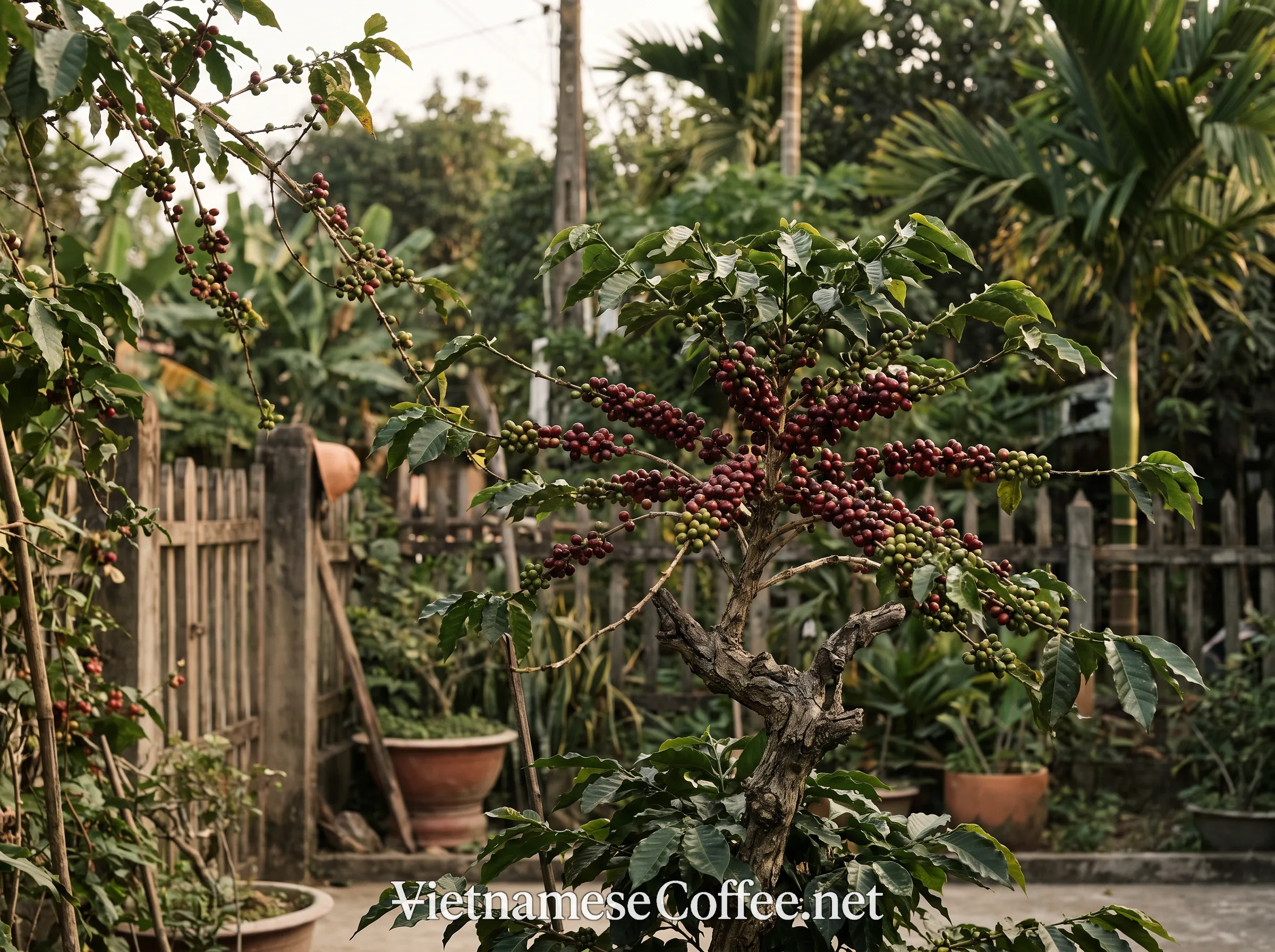 Old-growth Arabica coffee shrub in a north-central Vietnamese village setting