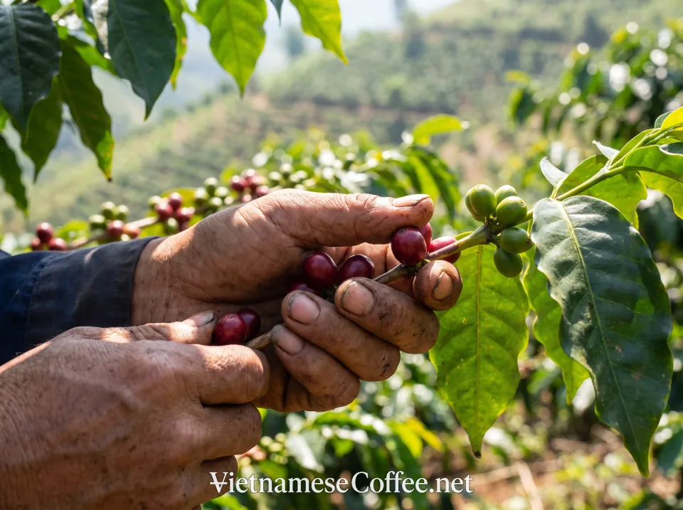 Worker selectively picking ripe Quảng Trị coffee cherries in Khe Sanh