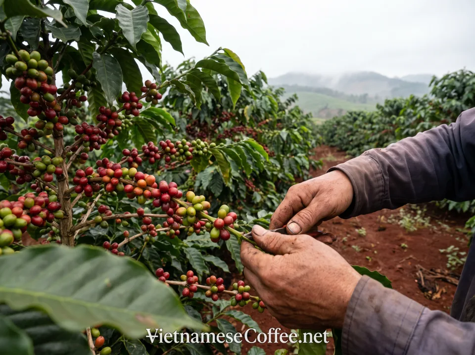 Robusta coffee cherries growing on a Central Highlands farm in Vietnam