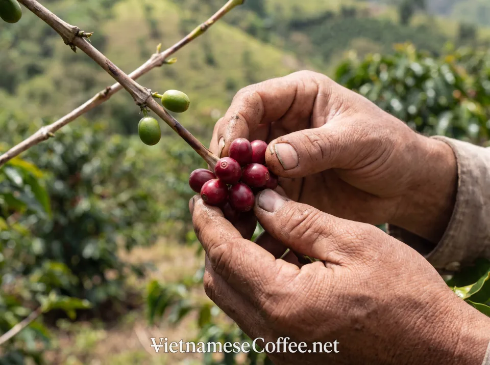 A farmer's hands hand-picking ripe arabica coffee cherries in Sơn La, Vietnam