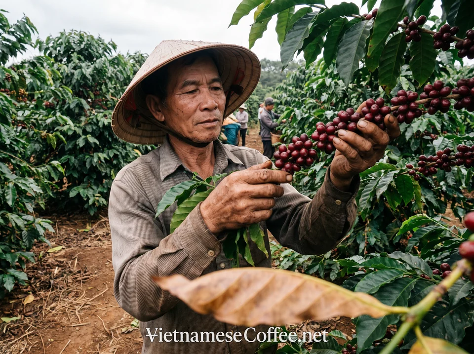 Map-style editorial image representing Vietnamese coffee growing regions in the Central Highlands