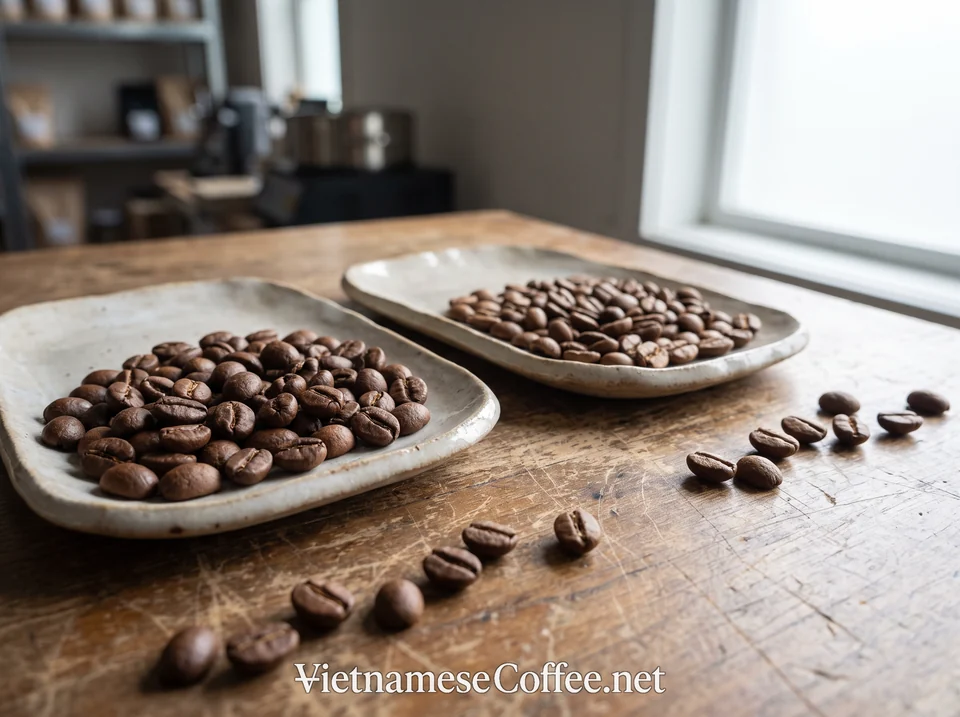 Editorial comparison image of robusta and arabica coffee in the Vietnamese coffee context