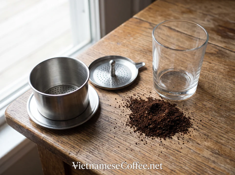 Disassembled Vietnamese phin filter showing chamber, press plate, and coffee grounds