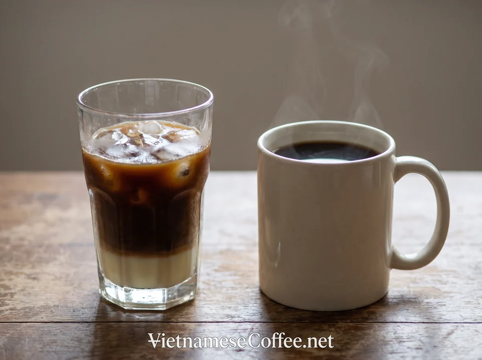 Vietnamese iced coffee glass next to a Western drip coffee mug for comparison